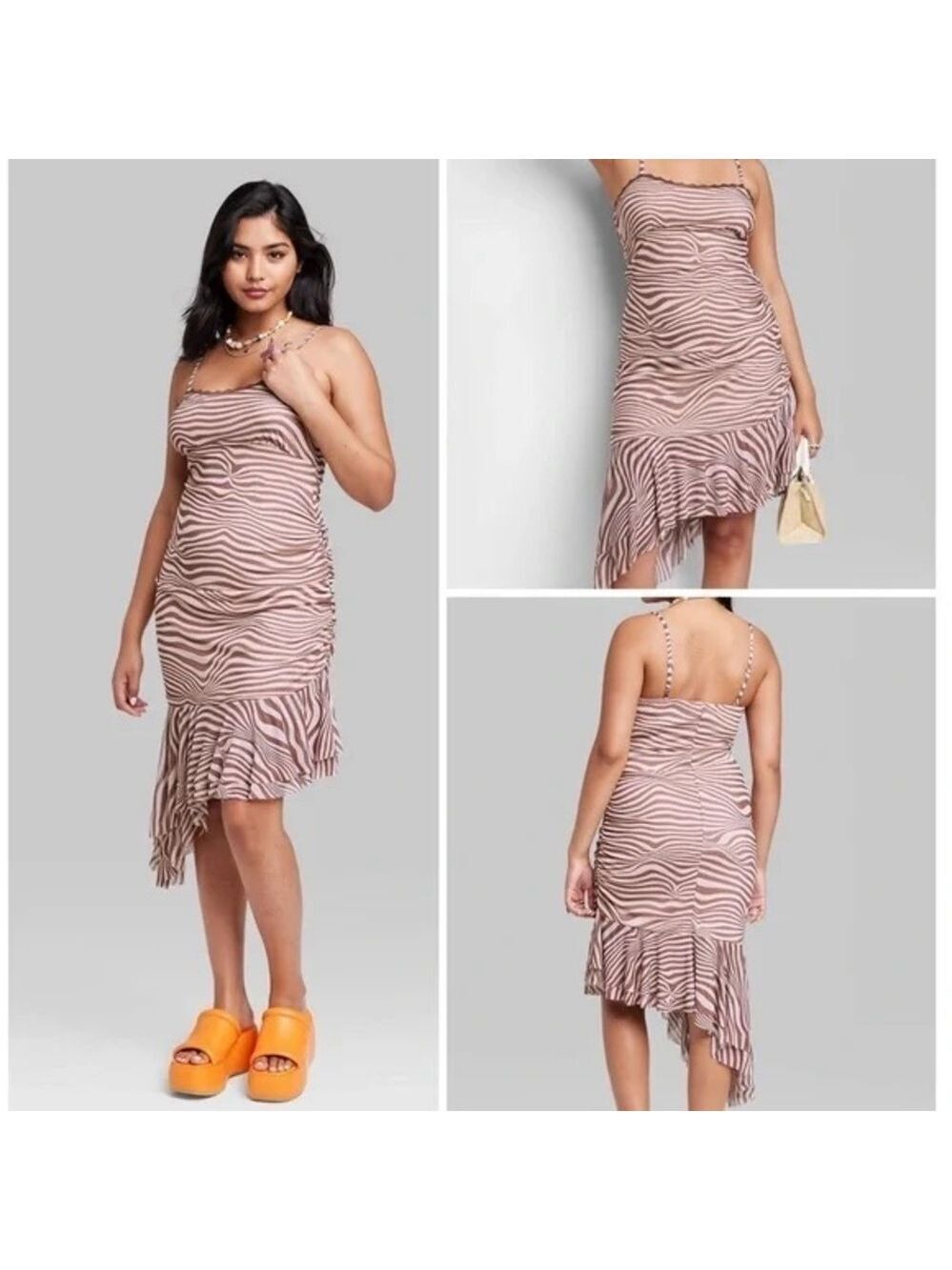 Wild Fable Light Brown Zebra Striped Women's Sleeveless Mesh Dress - Large